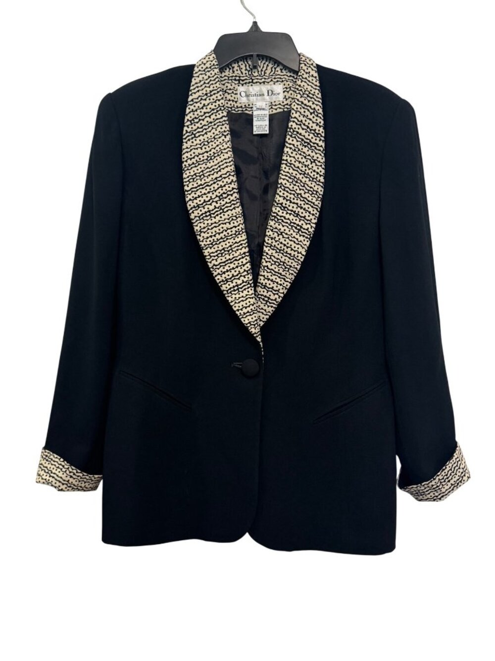 vintage Christian Dior Womens Black Blazer With Patterned Trim Size 12